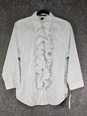 Lauren Ralph Lauren Striped Ruffle Front Button Up, Blue White, Cotton, Sz L NEW
